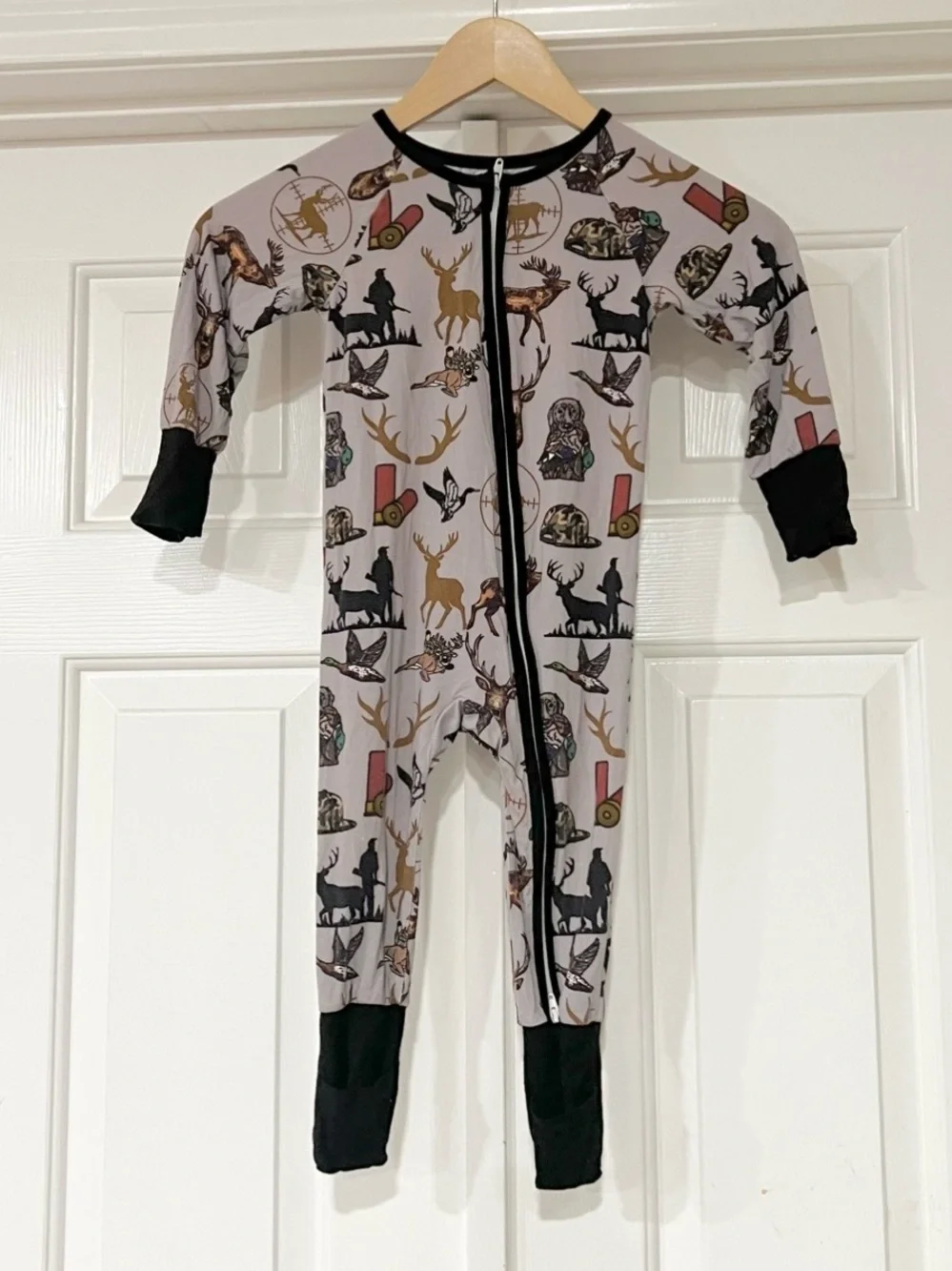 Bamboo Onesie Deer Woodland Print Zip One-Piece Pajamas with Black Trim